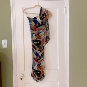 Fuzzy one shoulder dress, multi colored, size M.